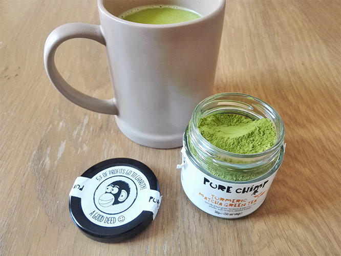 healthy matcha latte with pure chimp turmeric matcha powder
