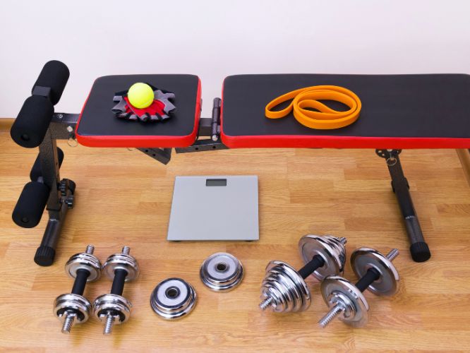 Bench, resistance bands, dumbbells