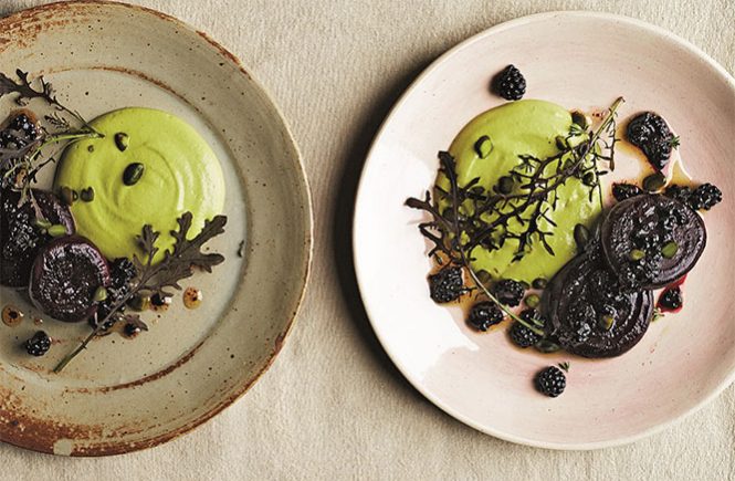 Roasted beets with crushed Blackberry Dressing Pistachio Puree