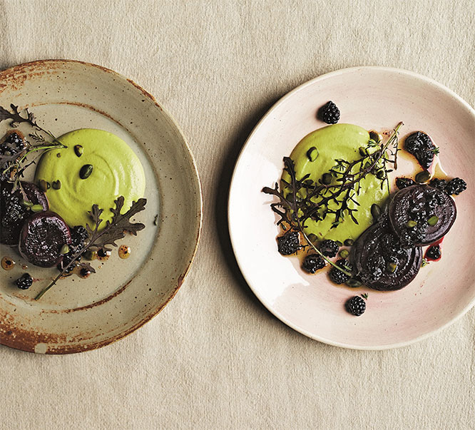 Roasted beets with crushed Blackberry Dressing Pistachio Puree